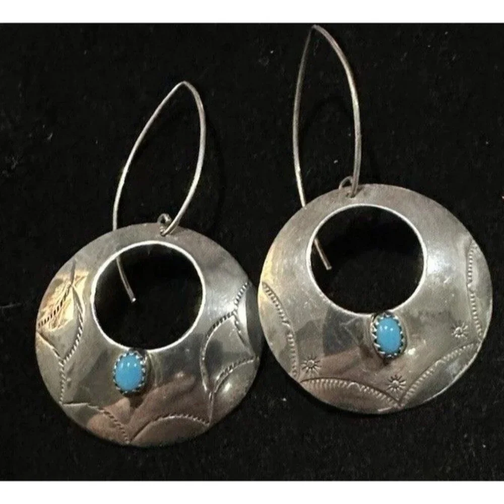 Vintage Southwest Hand Stamped Sterling Silver Concho Turquoise Earrings